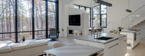 Interior view showing living room and kitchen