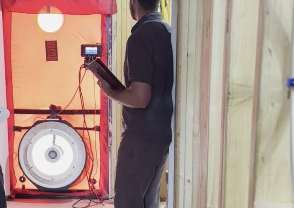 Blower door fan sealed into the front door opening of a house under construction, with a technician reading the manometer during an air-barrier-stage airtightness test